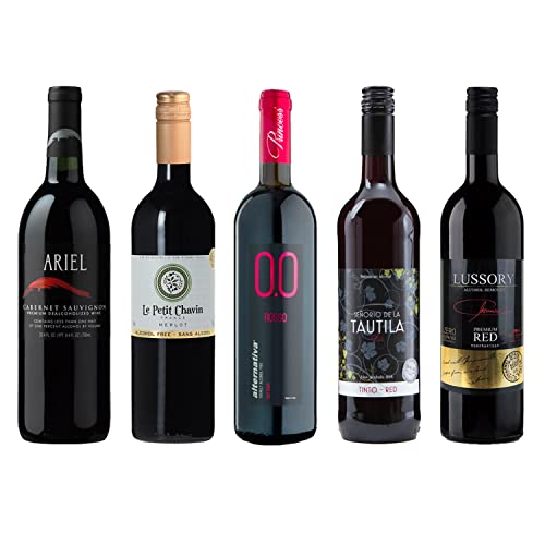 Non-Alcoholic Red Sampler – Five (5) Bottles 750ml Each – Featuring Ariel Cabernet Sauvignon, Lussory Red, Le Petit Merlot, Princess Rosso Dry, and Tautila Tinto (USA, Spain, Italy, France)