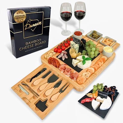 Bamboo Cheese Board and Knife Set Ceramic Bowls Wine Opener – 100{242cb032958b6afdab6dfce0d3fbcd4d1271af951227e9e918022bc1c5f4275c} Organic Wood Serving Tray Charcuterie Board Perfect Choice for Gourmets, Birthday Presents, Wedding Gifts, Mothers & Housewarming