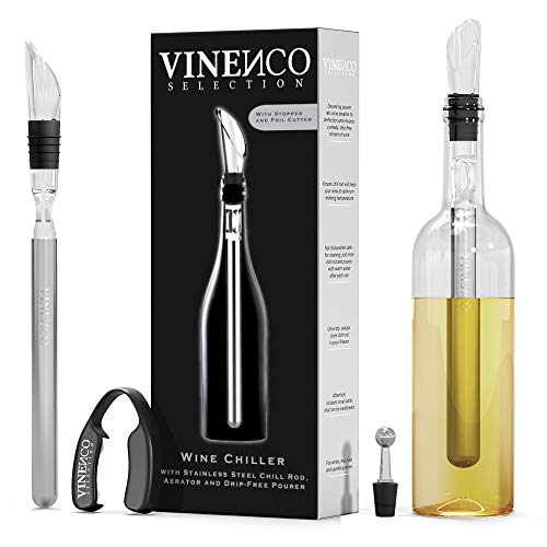 Wine Chiller Set + Foil Cutter, Stopper, Pouch, Ebook – Premium 3-in-1 Stainless Steel Bottle Cooler Stick Chill Rod, Decanting Aerator & Drip-Free Pourer | Design Bar Tasting Accessory Gift Men Women